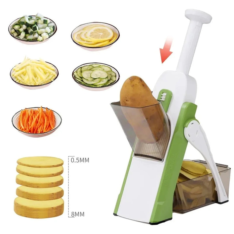 Mandoline Cortador e Fatiador Multifuncional 5 em 1 – Transforme Sua Cozinha com Praticidade e Eficiência!