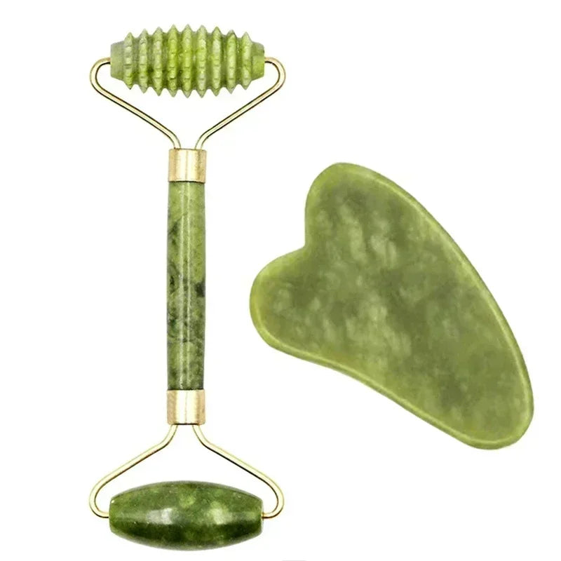 Rolo de Jade Natural e Ferramenta Gua Sha – Cuide da Sua Pele com Elegância e Eficácia